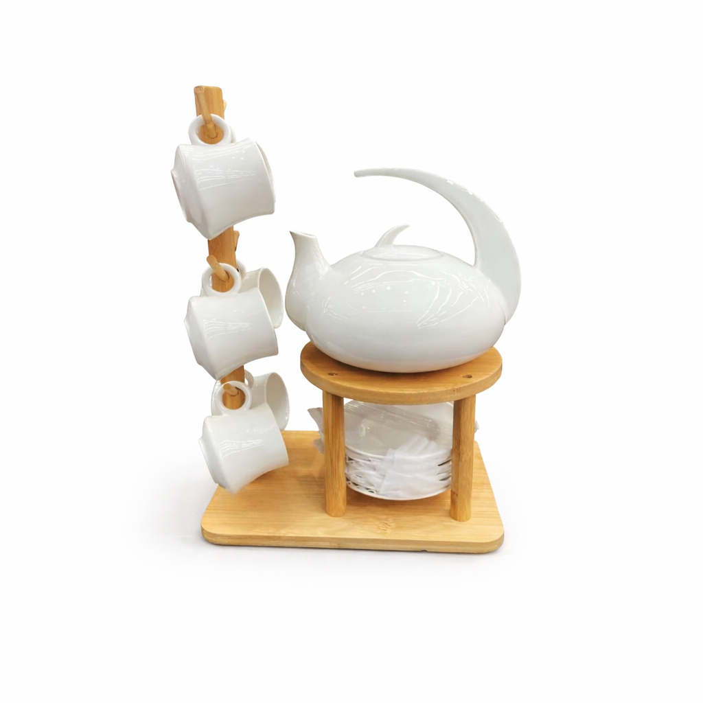 Tea Set With 6 Cups Kettle And Wooden Stand (1)
