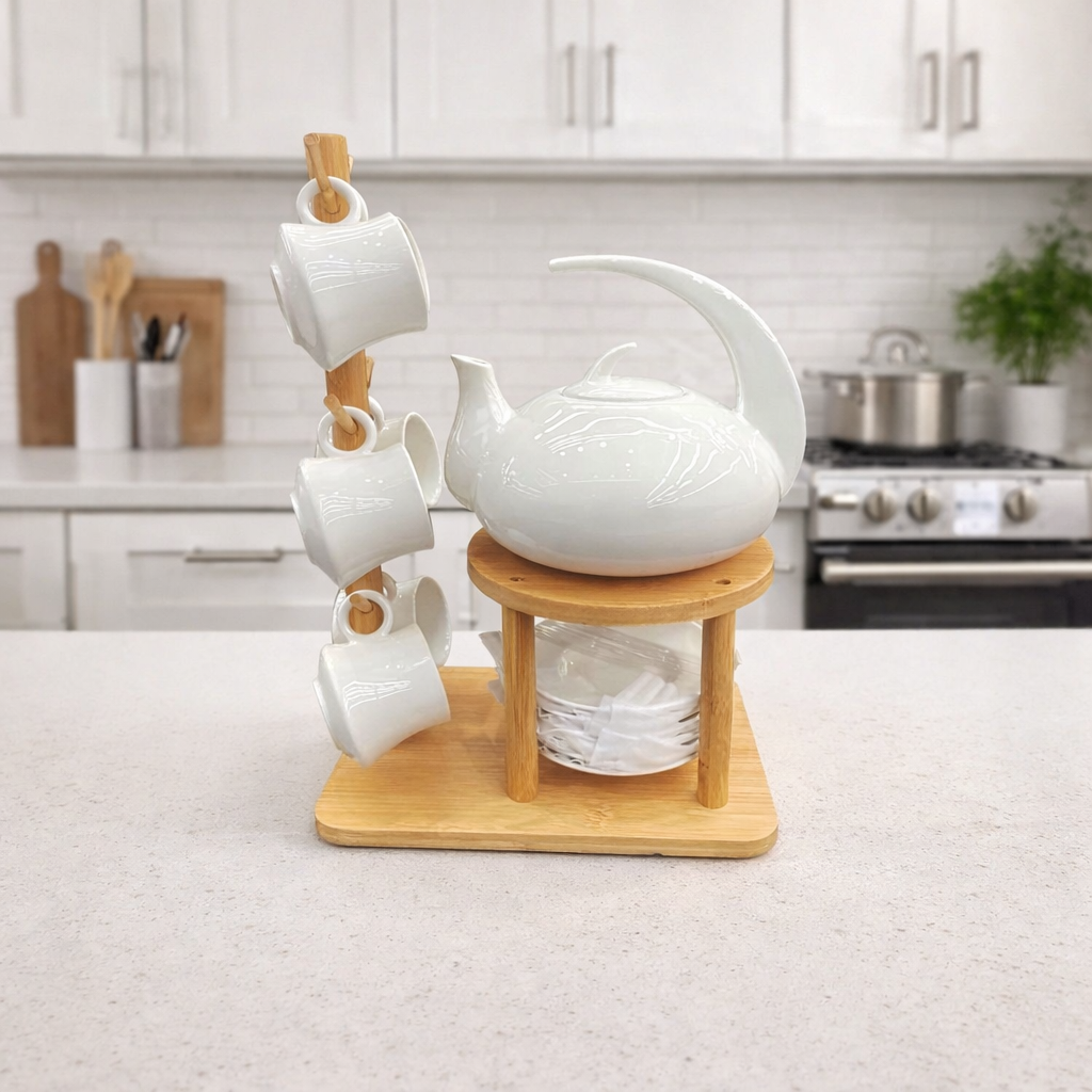 Tea Set With 6 Cups Kettle And Wooden Stand (2)