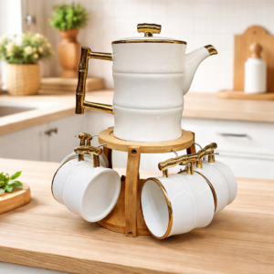 Royal White & Gold Ceramic Tea Set with Wooden Stand