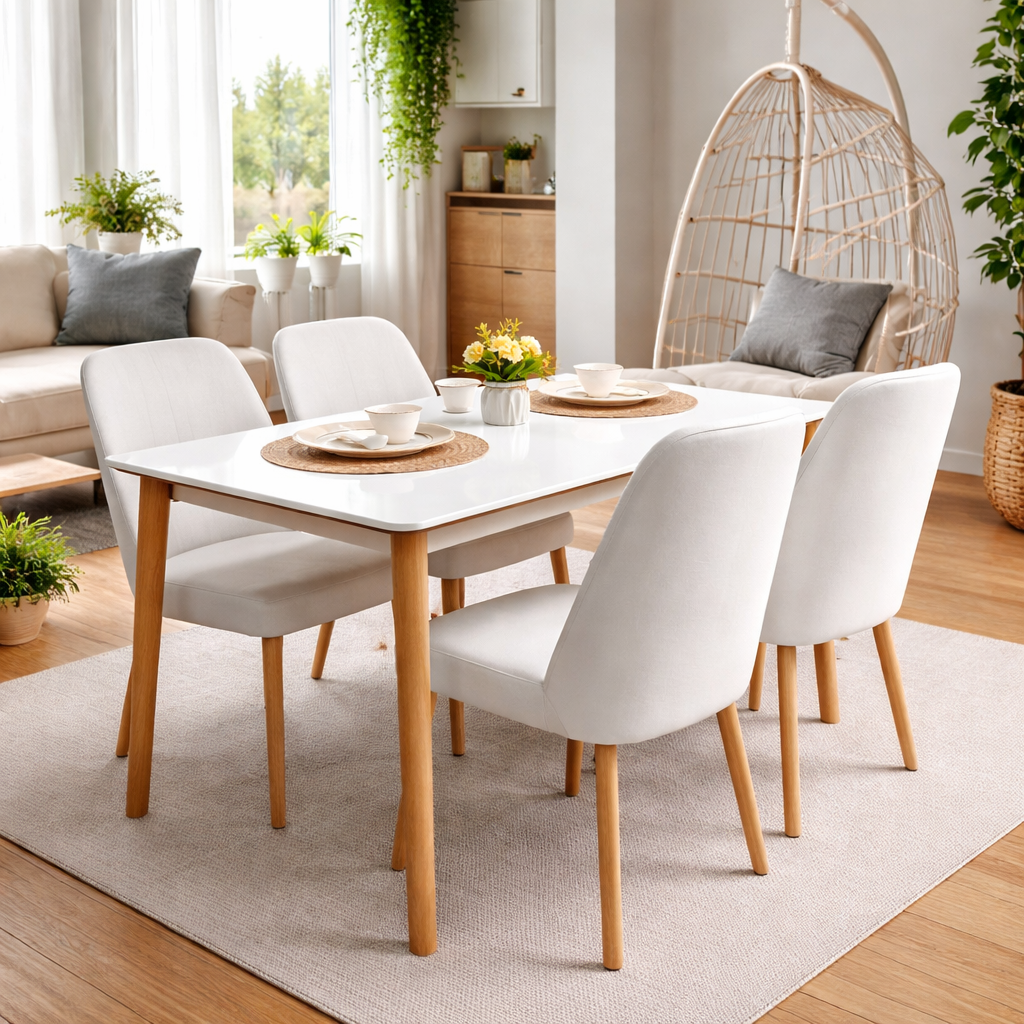 Modern dining space with floral centerpiece