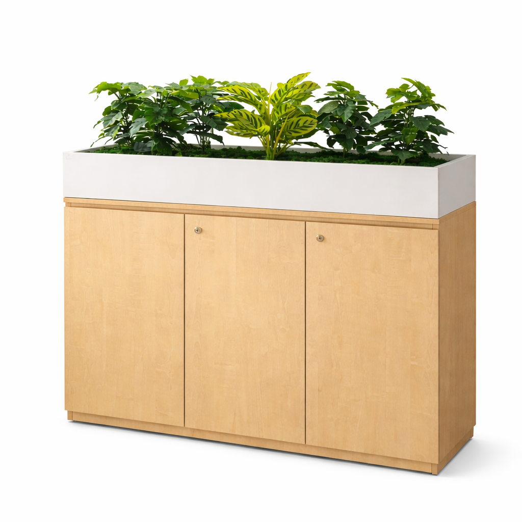 Wooden and White Planter Cabinet with Hinges for Office (1)