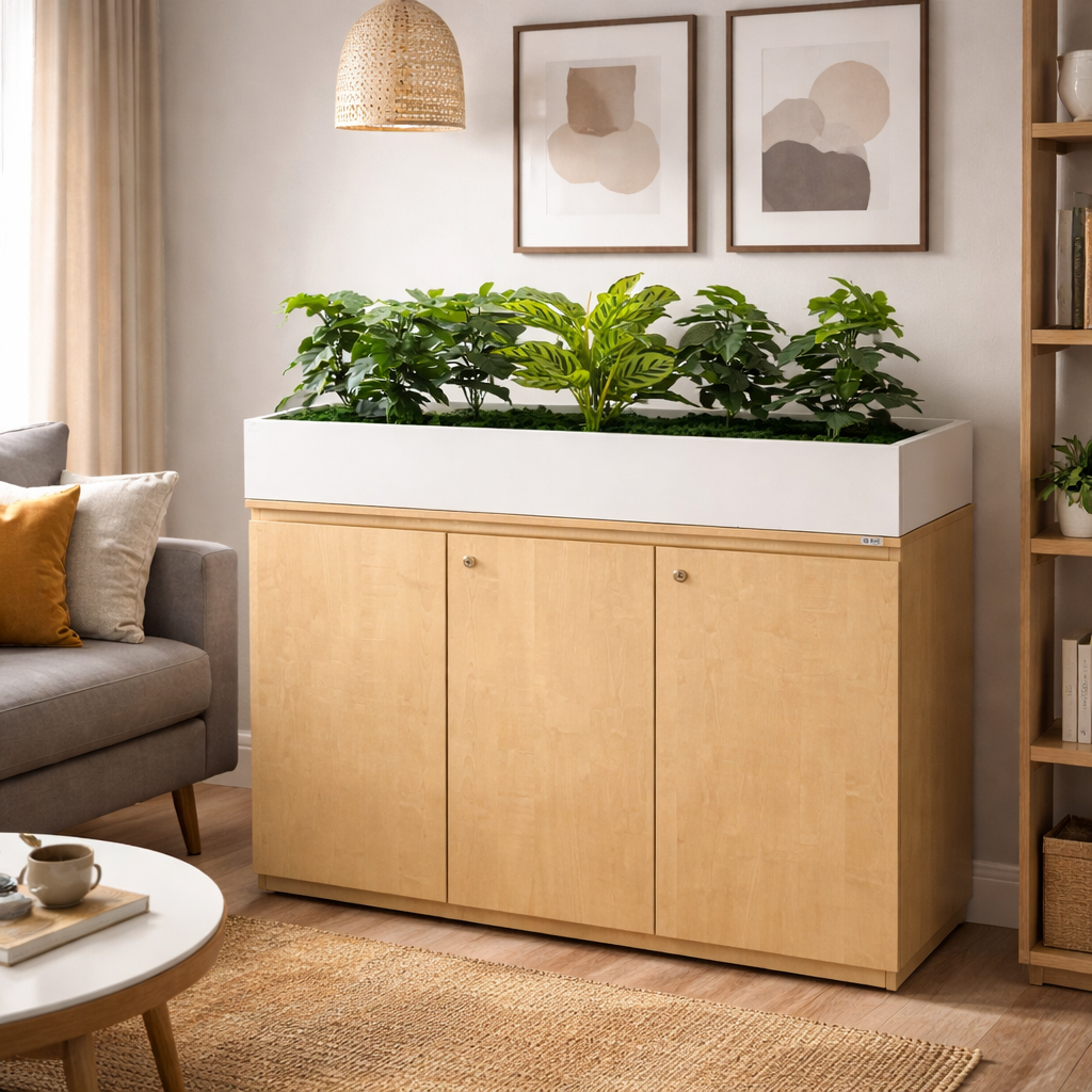 Wooden and White Planter Cabinet with Hinges for Office